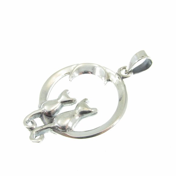 Solid 925 Sterling Silver Pair of Cats and Crescent Moon Pendant Cat Lady Gift - Picture 6 of 8